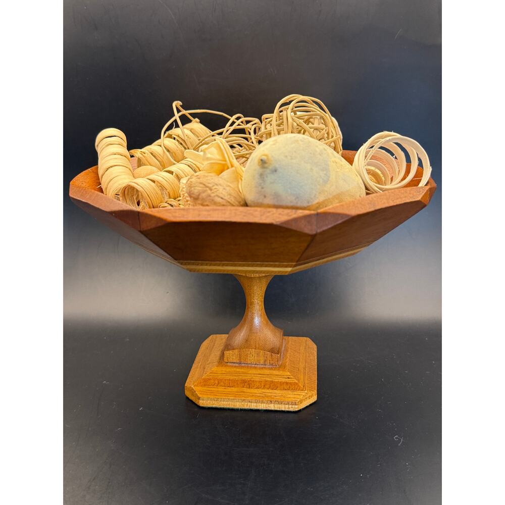 Vtg mixed wood octagon pedestal trinket compote bowl Golden brown
